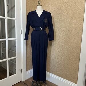 VTG 80s Retro Navy Blue & Gold Embroidered Jumpsuit